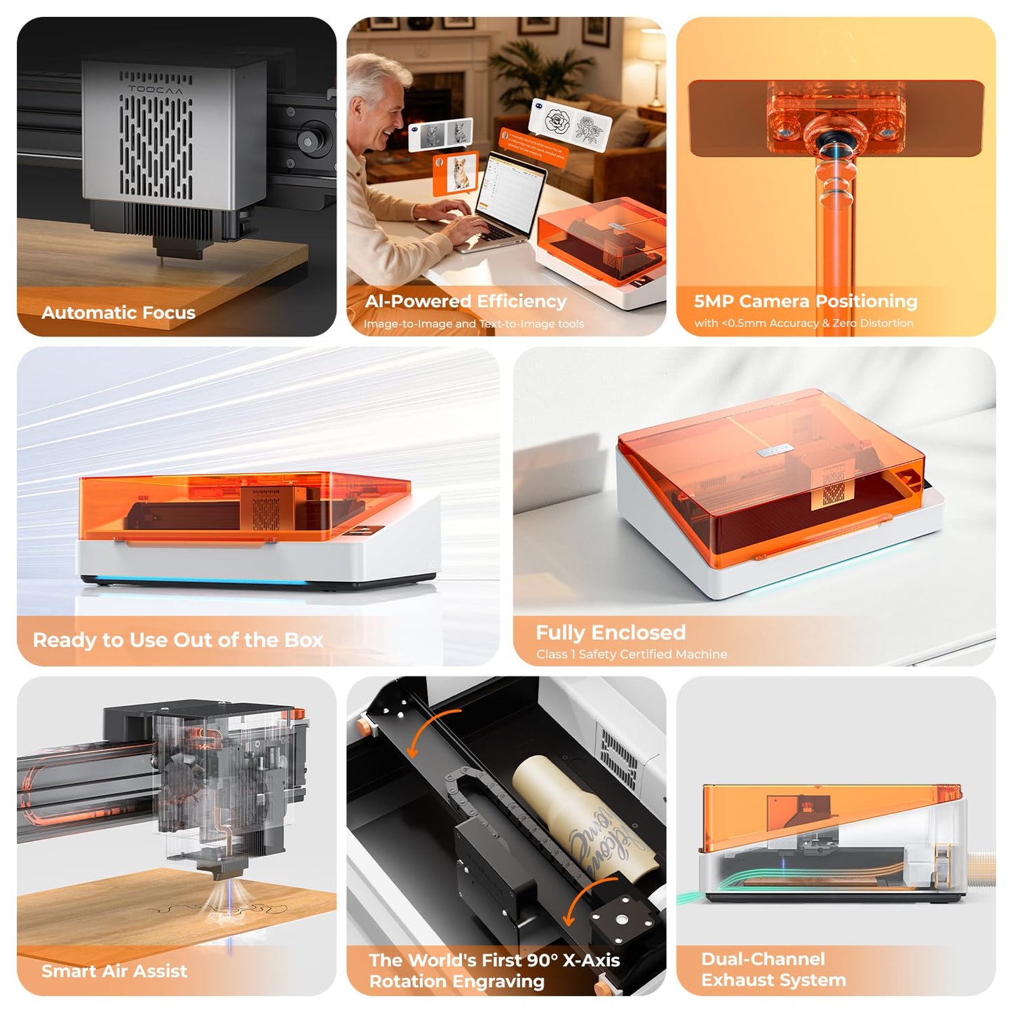 TOOCAA NOVA 10W Smart AI Laser Engraver Cutter w/Air Assist, Fully Assembled Enclosed, 5MP AI Positioning Camera & Auto Focus, Dual Exhaust, Class1 Safety, Blade Cut Panel, No-Riser Tumbler Engraving