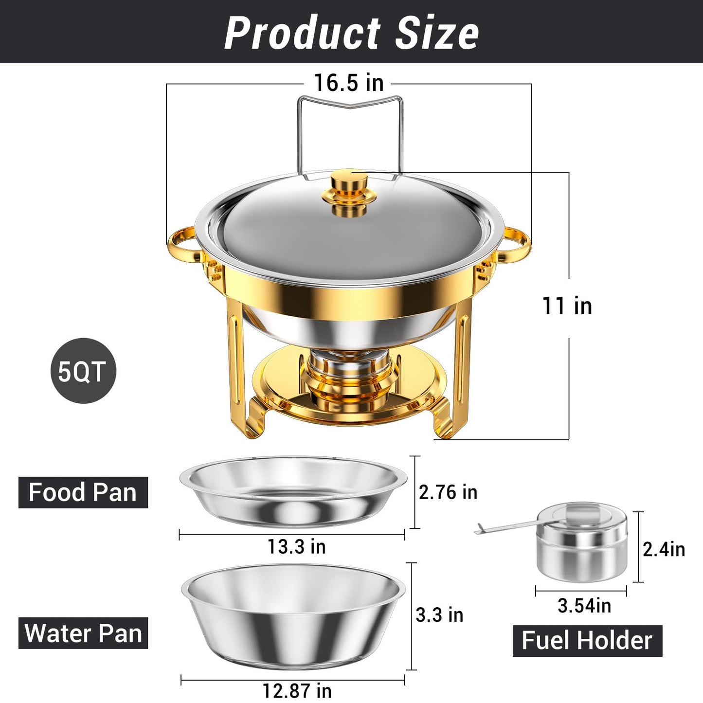 Keyoxy Round Chafing Dishes for Buffet 5 Qt,High Grade Chafing Dish Buffet Set, Full Size Pan,Rolled-Edge Design Food Warmers for Parties,Buffet,Wedding,Birthday,Camping 4 PACK (Gold)