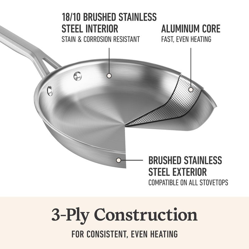Calphalon Brushed 3-Ply Stainless Steel Cookware w/Turbo Heat Tech 10" Fry Pan, Induction, Oven Safe 450F, Brushed Stainless Silver