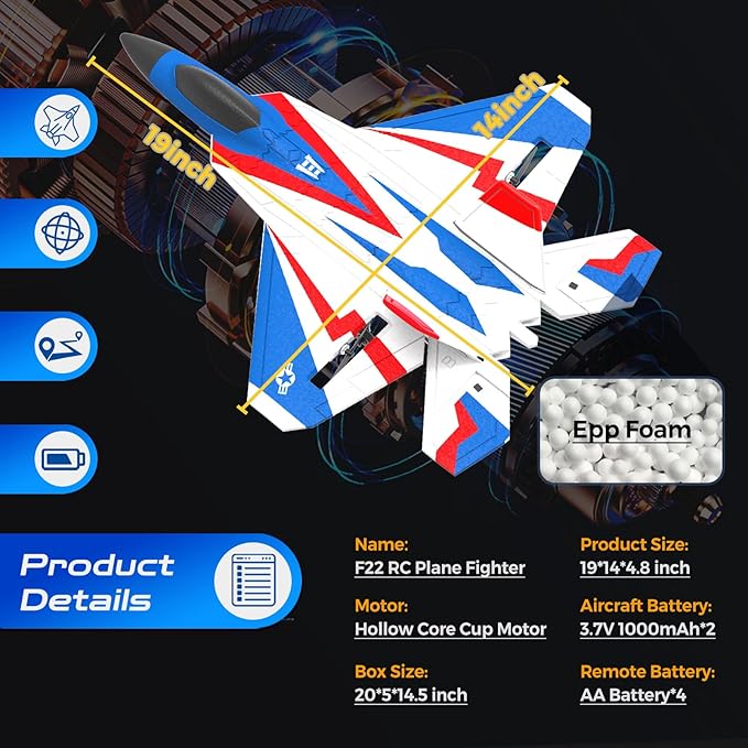 RC Airplane 4 Channel with Lights | F22 RC Plane with 6-axis Gyro Stabilizer for Beginner Remote Control Airplane for Adults 37mins Flight Time - 19in*14in