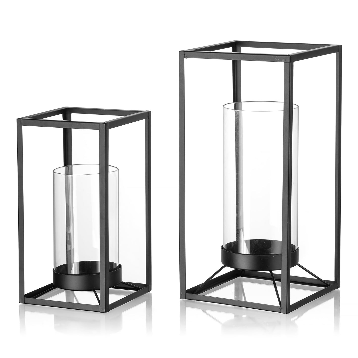 Staymoment Black Lantern Decorative Indoor Set of 2: Glass Metal Hurricane Candle Holder Modern Farmhouse Lanterns Decor Outdoor for Table Centerpiece Fireplace Wedding