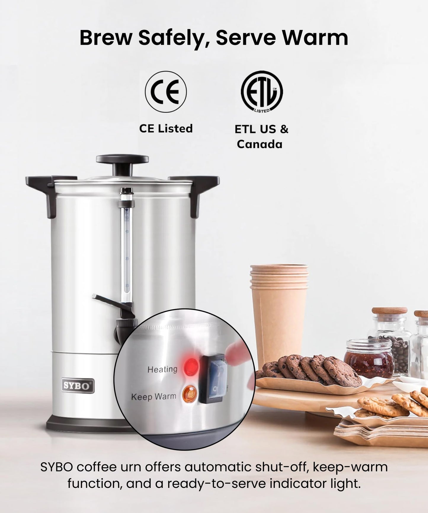 SYBO 120 Cup Commercial Coffee Urn & Hot Beverage Dispenser Stainless Steel Percolate Maker Fast Brew Keeps Warm – Ideal for Tea Water at Events Catering 18 L Metallic
