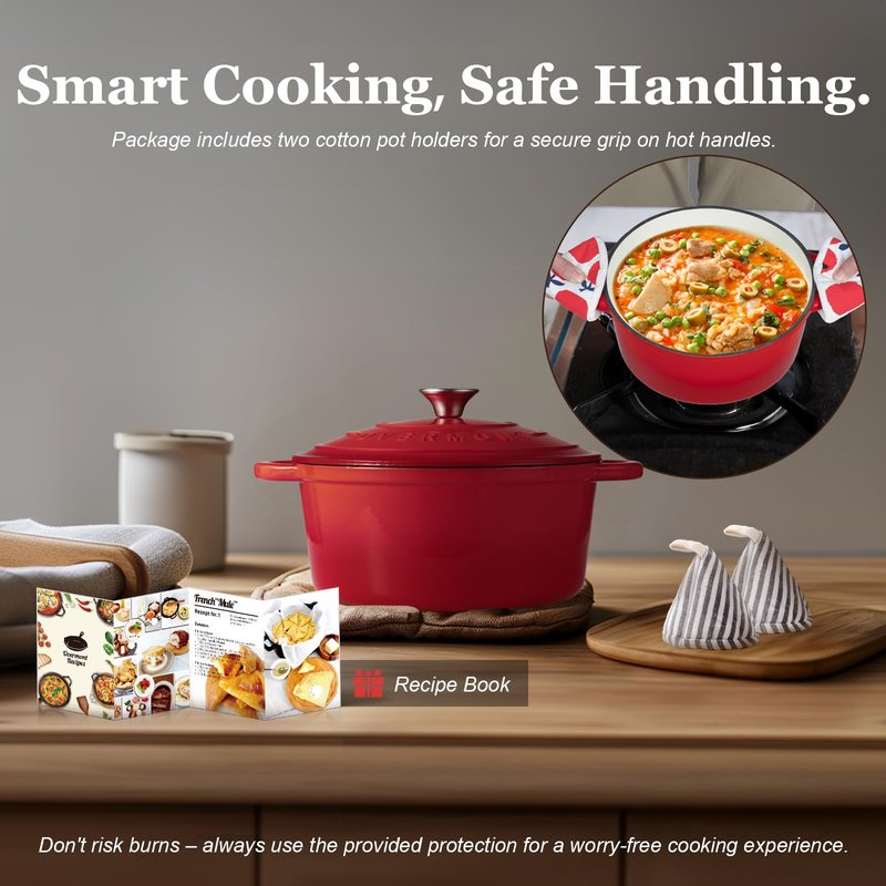 Overmont Enameled Cast Iron Dutch Oven - 7QT Pot with Lid Cookbook & Cotton Potholders - Heavy-Duty Cookware for Braising, Stews, Roasting, Sourdough Baking red