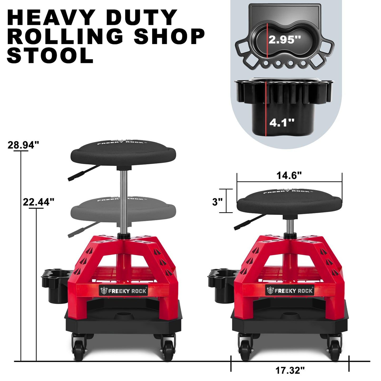FREEKYROCK Rolling Shop Stool with Wheels, Heavy Duty Garage Work Mechanic Stool, Adjustable Height 22.44"-28.94", 360°Swivel Rolling Chair with Tool Tray Storage, 330 LBS Capacity, Red