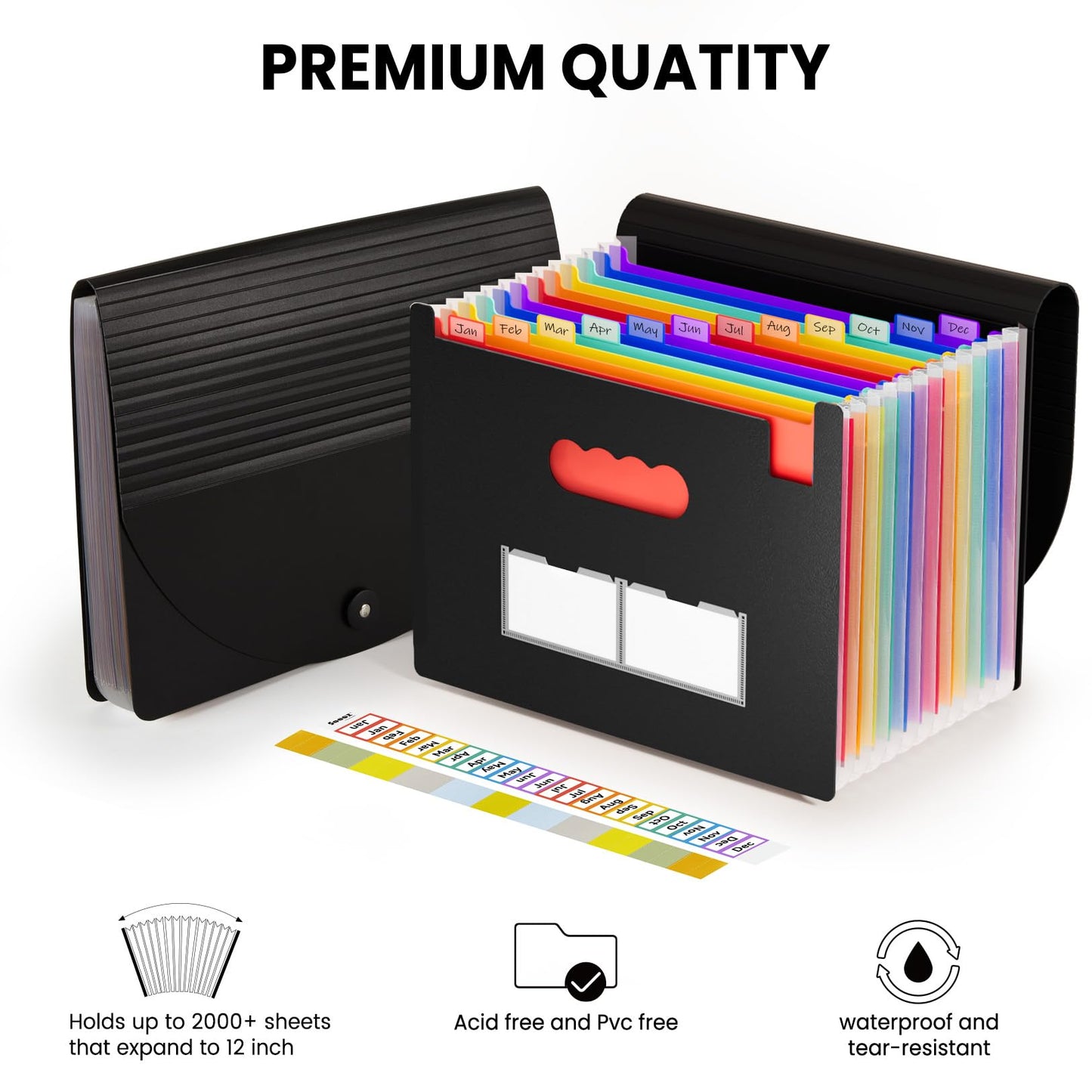 Sooez Accordion File Organizer, 13 Pockets Expanding File Folder, Portable Monthly Paper Bill Tax Receipt Organizer, Letter A4 Size Document Holder with Blank Labels, Black