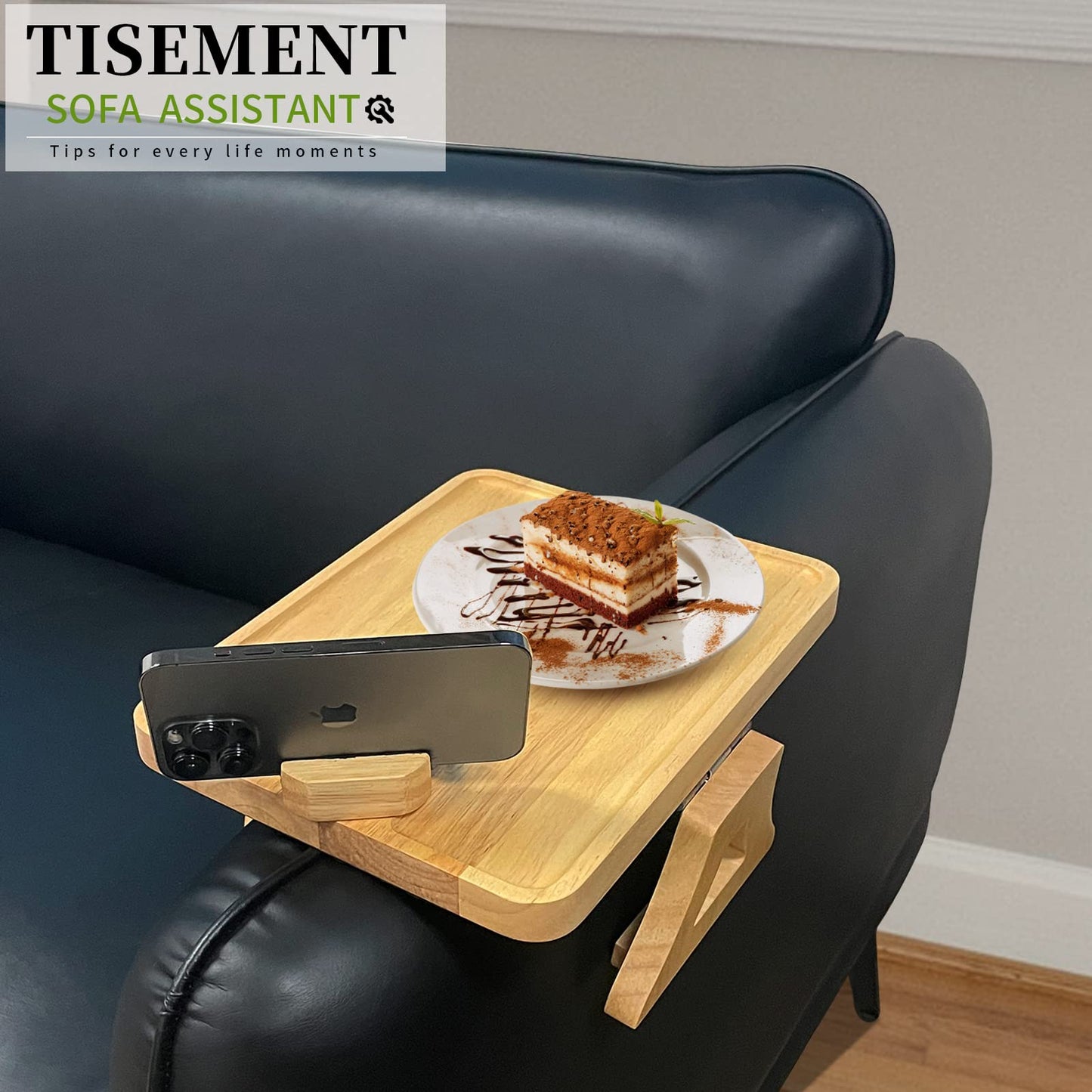 TISEMENT Couch Tray for Wide Sofa, 11.8’’ × 8.7’’ Clip On Sofa Arm Tray with 360° Rotating Bracket,Foldable Couch Arm Table for widening Space, Rubber Wood Couch Cup Holder for Drinks/Snacks/Fruits