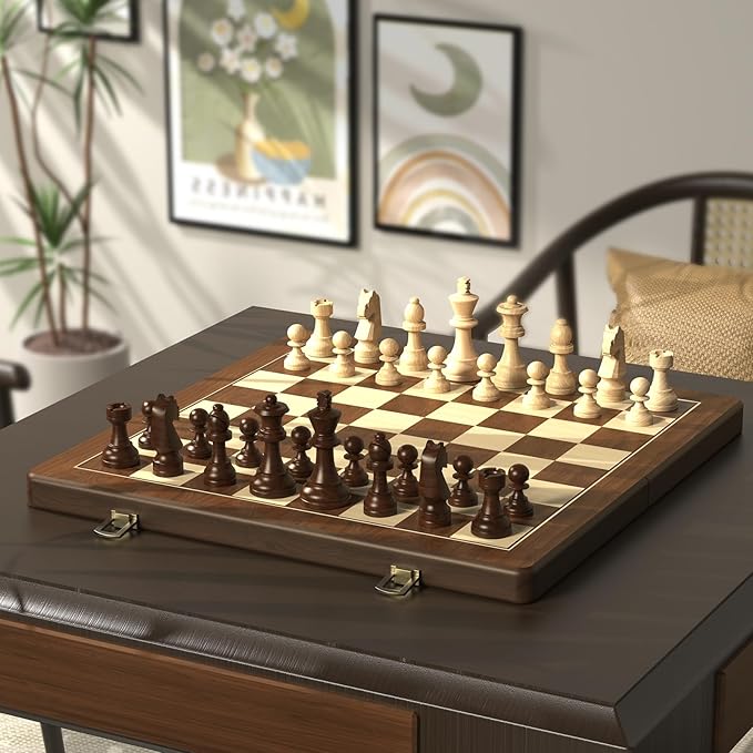 Premium Natural Walnut 15 Magnetic Wooden Folding Chess & Checkers Set- 2 in 1 Board Game with 3 King Staunton Pieces and 2 Extra Queens Checkers and Dust-Proof Storage Bag (Red)