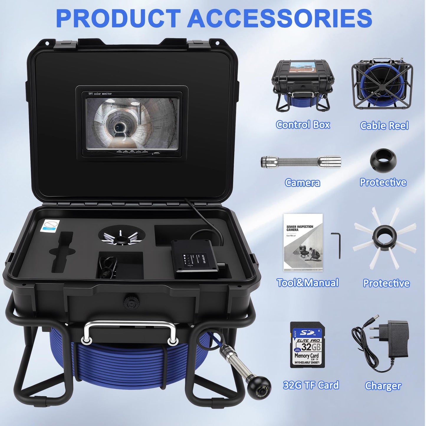 Sewer Camera,Pipe Drain Inspection Camera with DVR, Plumbing Snake Camera with Light, 7'' HD 1080P IPS Screen,16X Digital Zoom,32GB Card,100FT/30M,IP68 Waterproof Borescope for Industrial Plumber