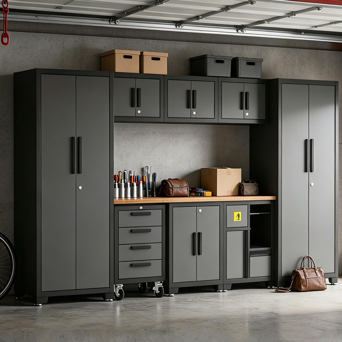 Torin Garage Cabinets Storage System, 9-Pcs Included Steel Cabinets Drawers Rolling Chest and Trash Can Cabinet, Locked Storage Cabinet, Perfect for Organizing Garage and Tools