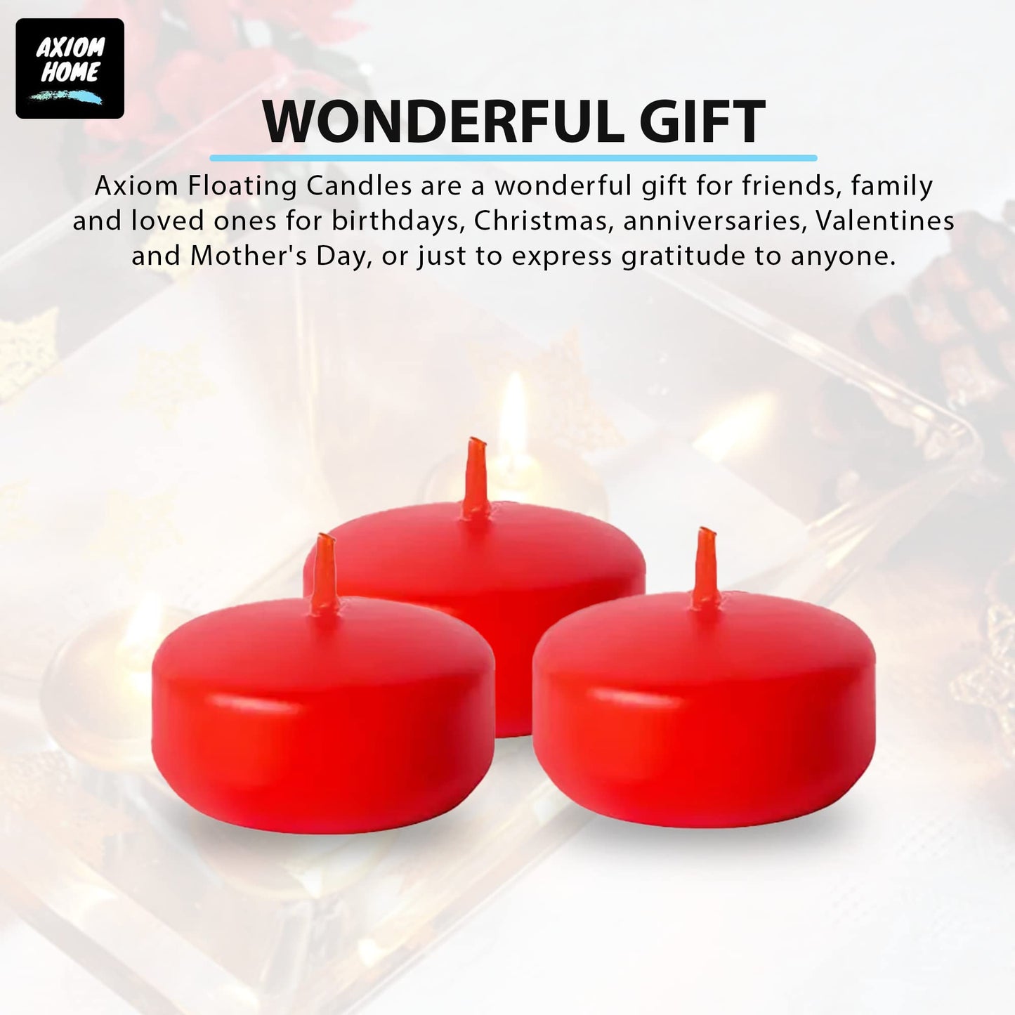 Axiom Red Floating Candles for Centerpieces - Floating Candle 2 inch Hand-Rolled Paraffin, Cotton Wicks, 4-Hour Clean Burn (Red (Unscented), 24 Count)