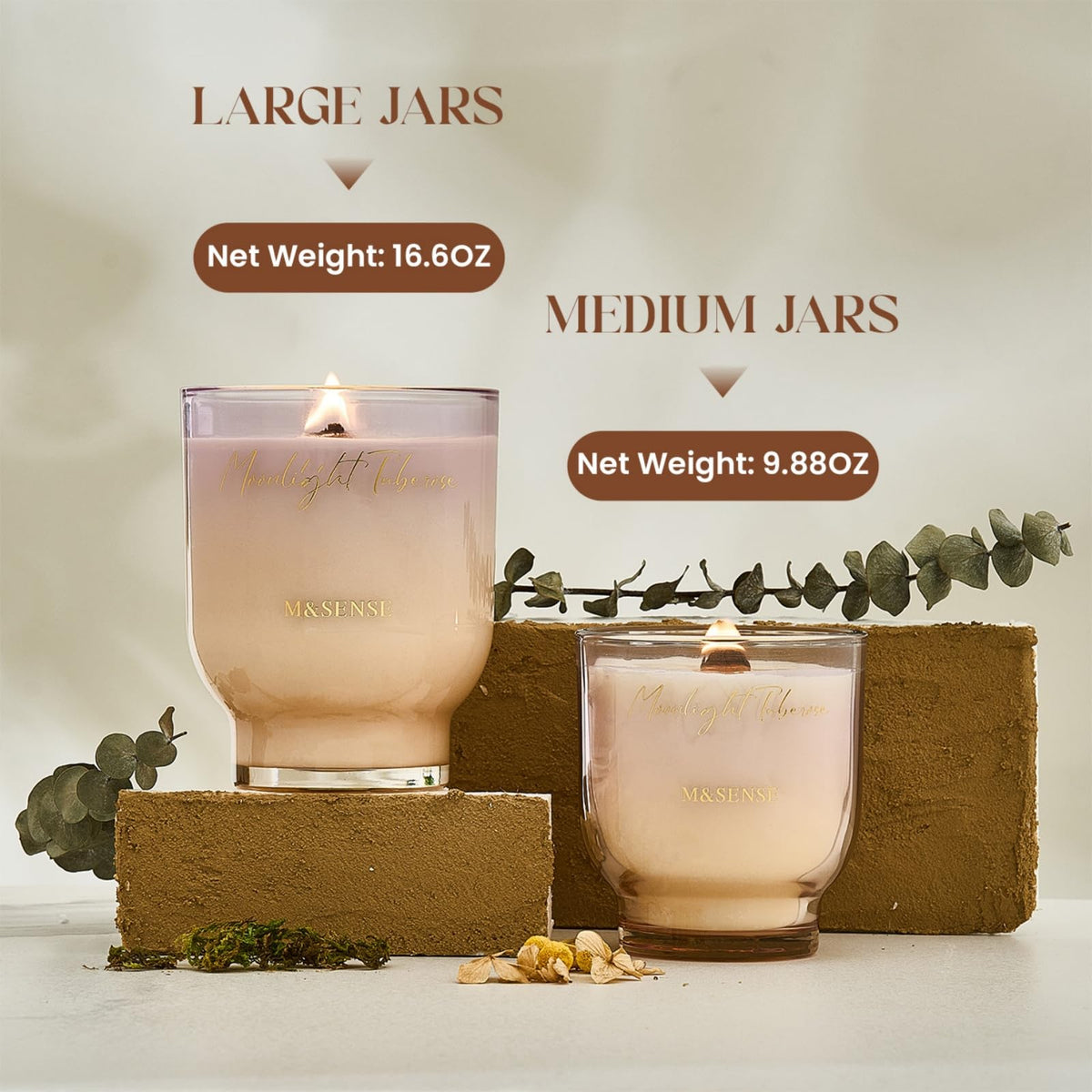 M&SENSE 16.6oz Natural Soy Large Jar Candle with Wooden Wick | Moonlight Tuberose Scent | 95-Hour Burn & Long-Lasting Burn | Housewarming Gift for Men and Women