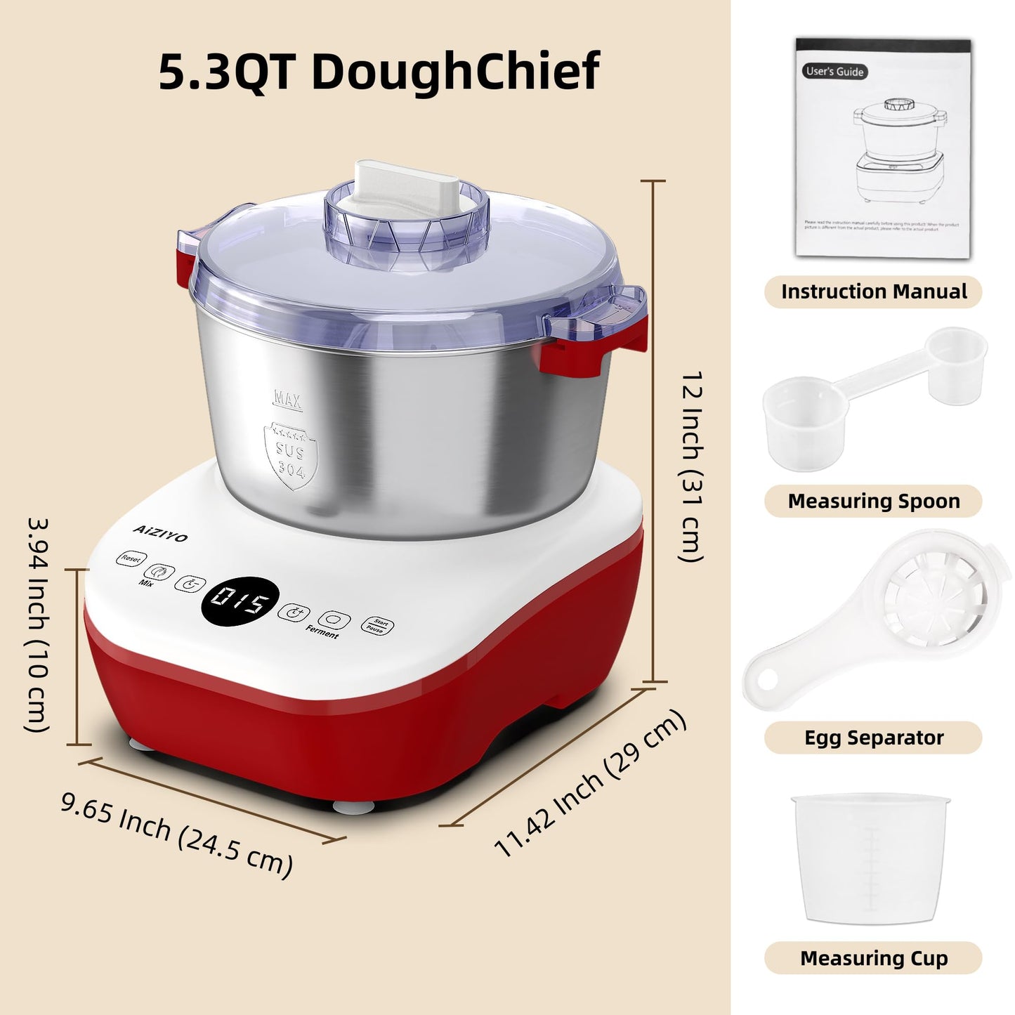 AIZIYO DoughChief, 5.3QT Dough Mixer, Dough Maker with Ferment Function, Touch Panel Control, 304 Stainless Steel Bowl, Removeable lid, Dough Proofing Box for Pizza, Bread, Pasta & Mochi