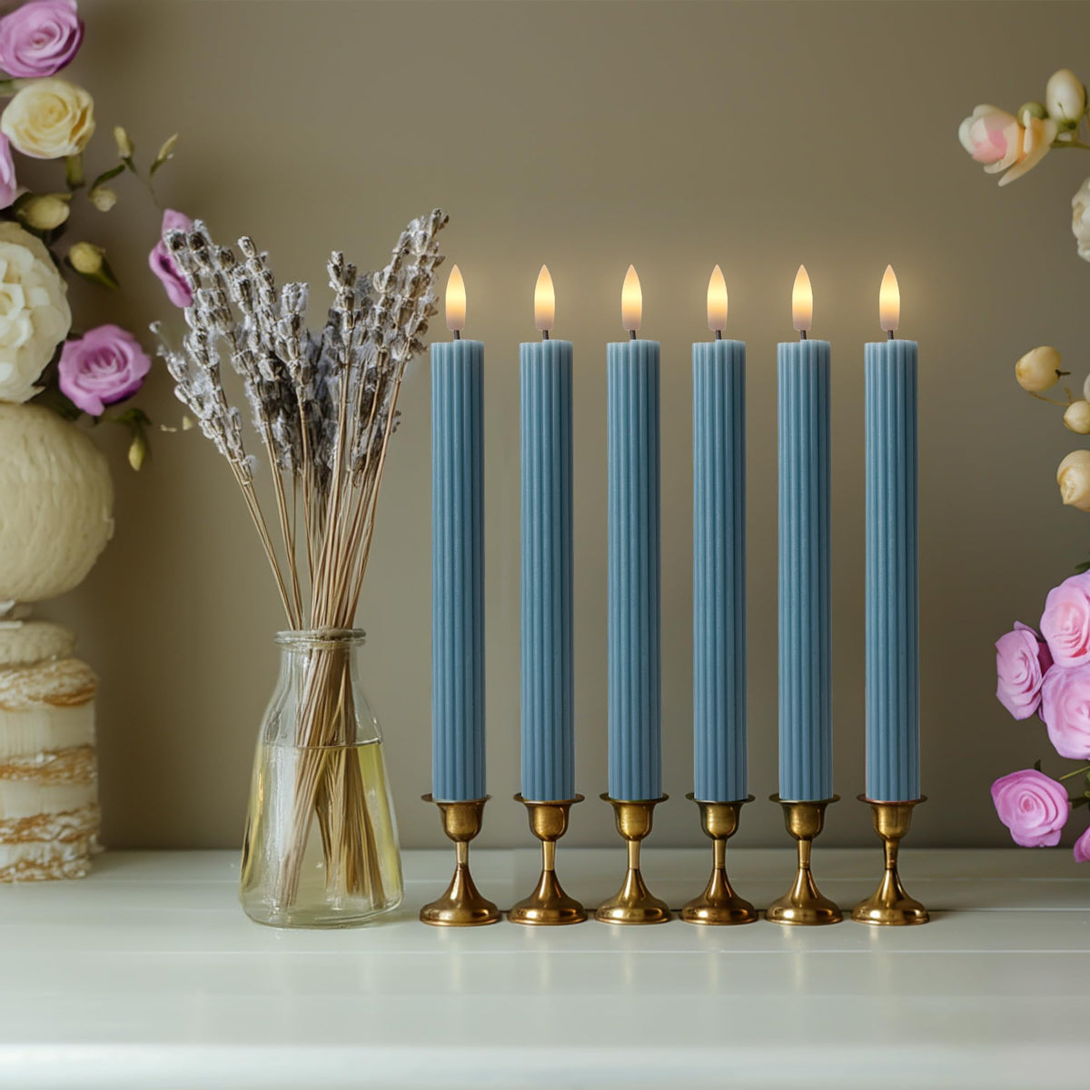 West Ivory 12 Pack, 10" LED Flameless Blue Fluted Ribbed Grooved Taper Candles with 2 Remotes & 24h Timer Memory, On/Off Button, Dimmable, Flicker Mode, Battery Operated, Christmas Menorah Wedding
