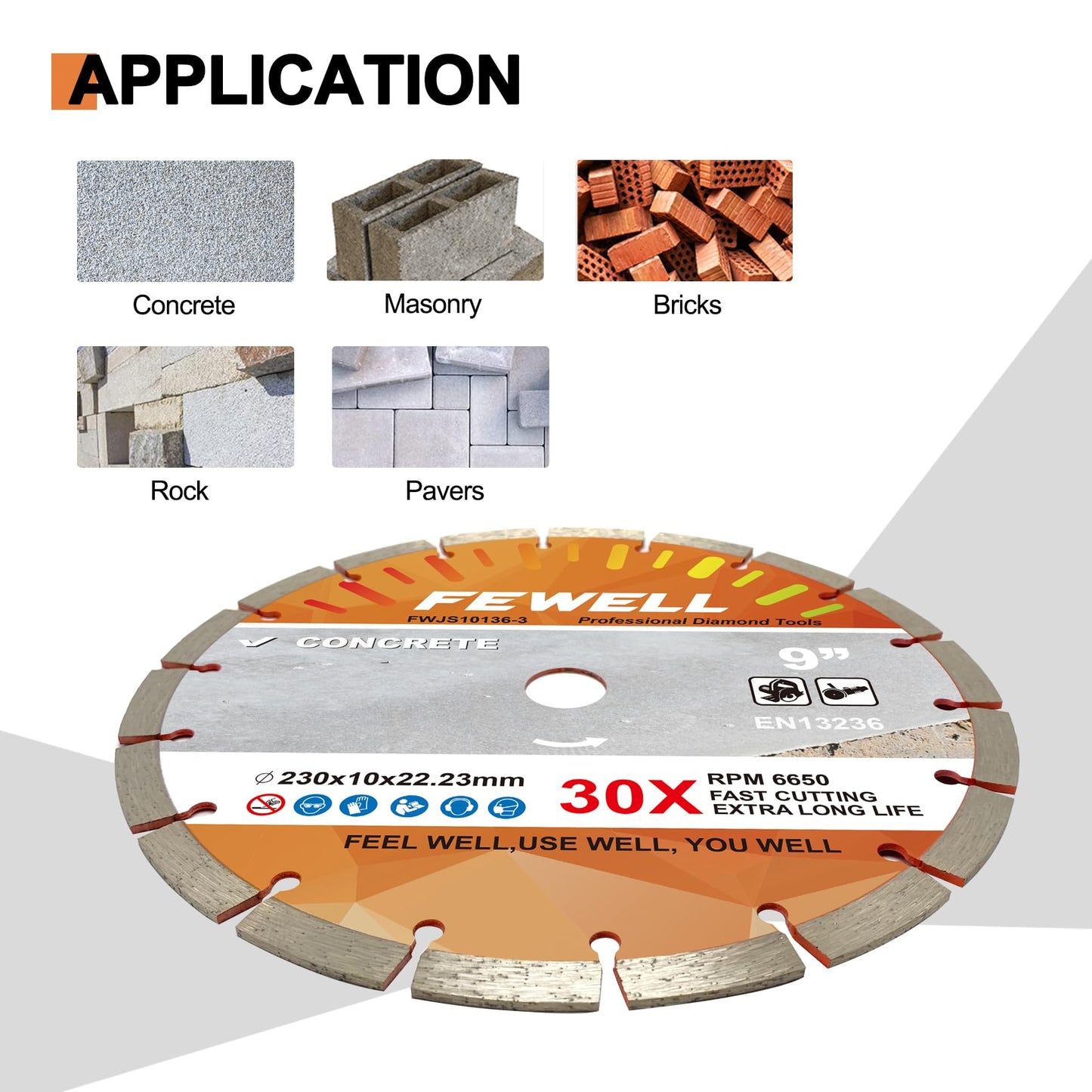 FEWELL 9 Inch Diamond Blade, Segmented General Purpose Blade Dry/Wet Cutting Concrete, Masonry, Brick, Block,Stone (3 Packs)