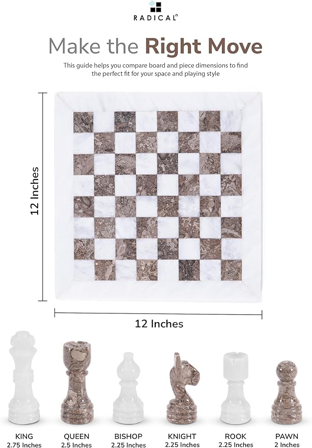Radicaln Marble Chess Set 12 Inches White and Grey Oceanic Handmade Luxury Board Game for Adults Classic Stone Chess Board & Pieces Premium Game Night Gift for Home Decor