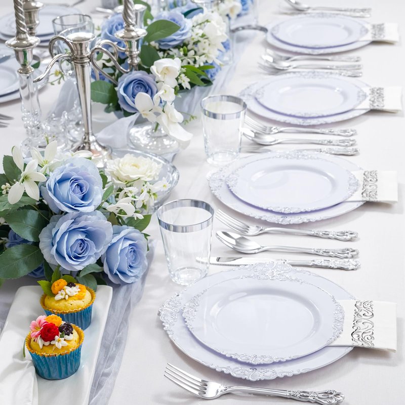 YOUBET 700PCS Silver Plastic Plates - White and Silver Disposable Plates - Silvery Plastic Dinnerware Set - Include 200 Plates, 300 Heavy Duty Silverware, 100 Cups and 100 Napkins for Wedding & Party