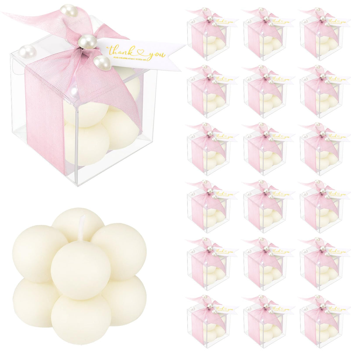 Nuanchu 30 Sets Bridal Shower Favors Pink 1.6" Mini Bubble Candles Wedding Favors Gifts for Guests Aesthetic Bubble Candles Baby Shower Favor with Thank You Card Ribbon for DIY Baptism Gift