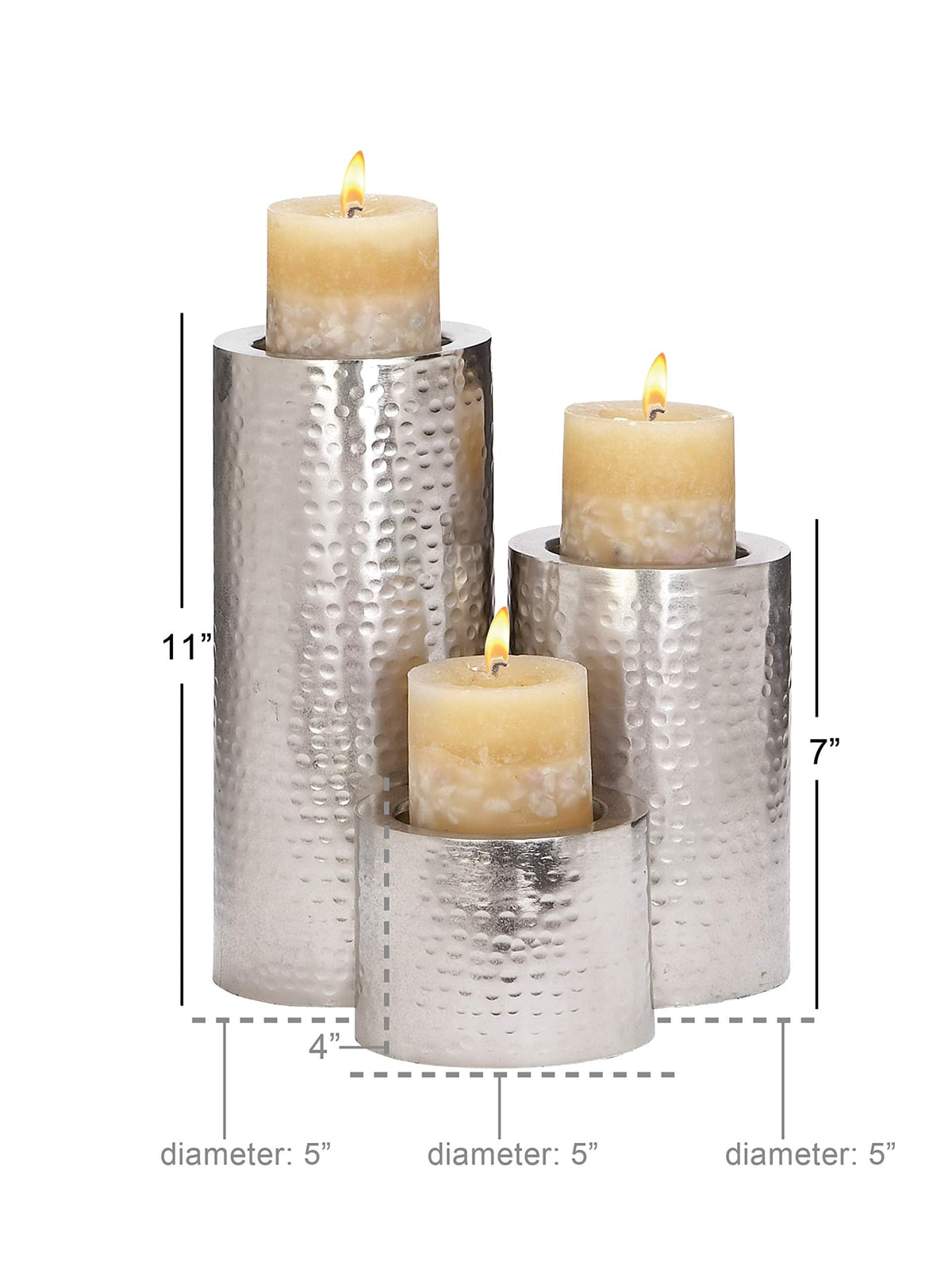 CosmoLiving by Cosmopolitan Metal Handmade Pillar Candle Holder, Set of 3 11", 7", 4"H, Silver