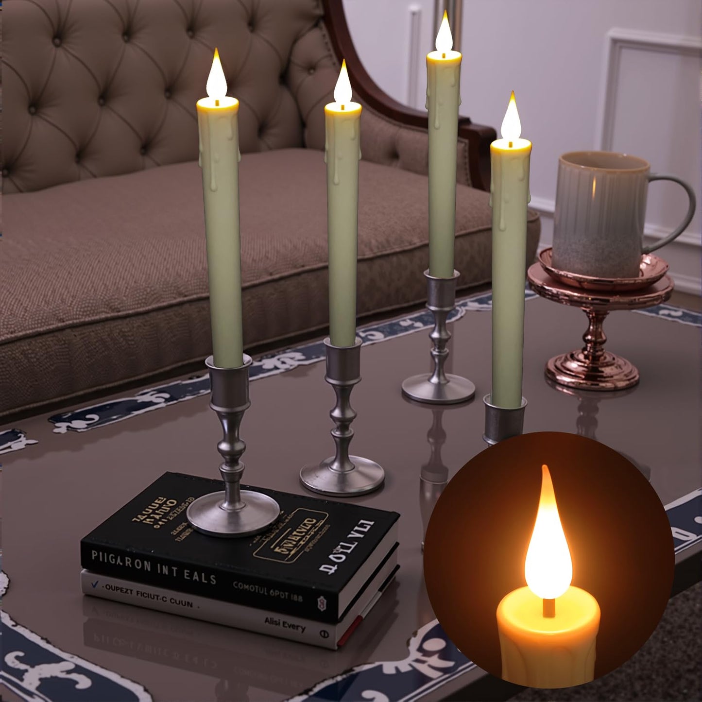 SUNGEGE 9.9-Inch Rechargeable Flameless Taper Candles, 60+ Hours Runtime, Remote & Timer, Flickering LED, Safe for Home & Events 6-Pack, Ivory, Plastic