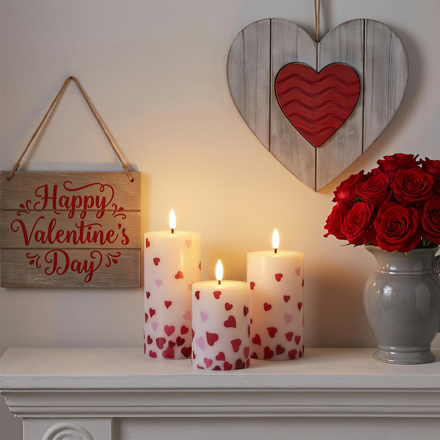 JOIONE Flameless Pillar Candles with Remote, 3 Pack Battery Operated Real Wax LED Candles, Perfect for Home Decorations Fireplace Table, Heart Sticker