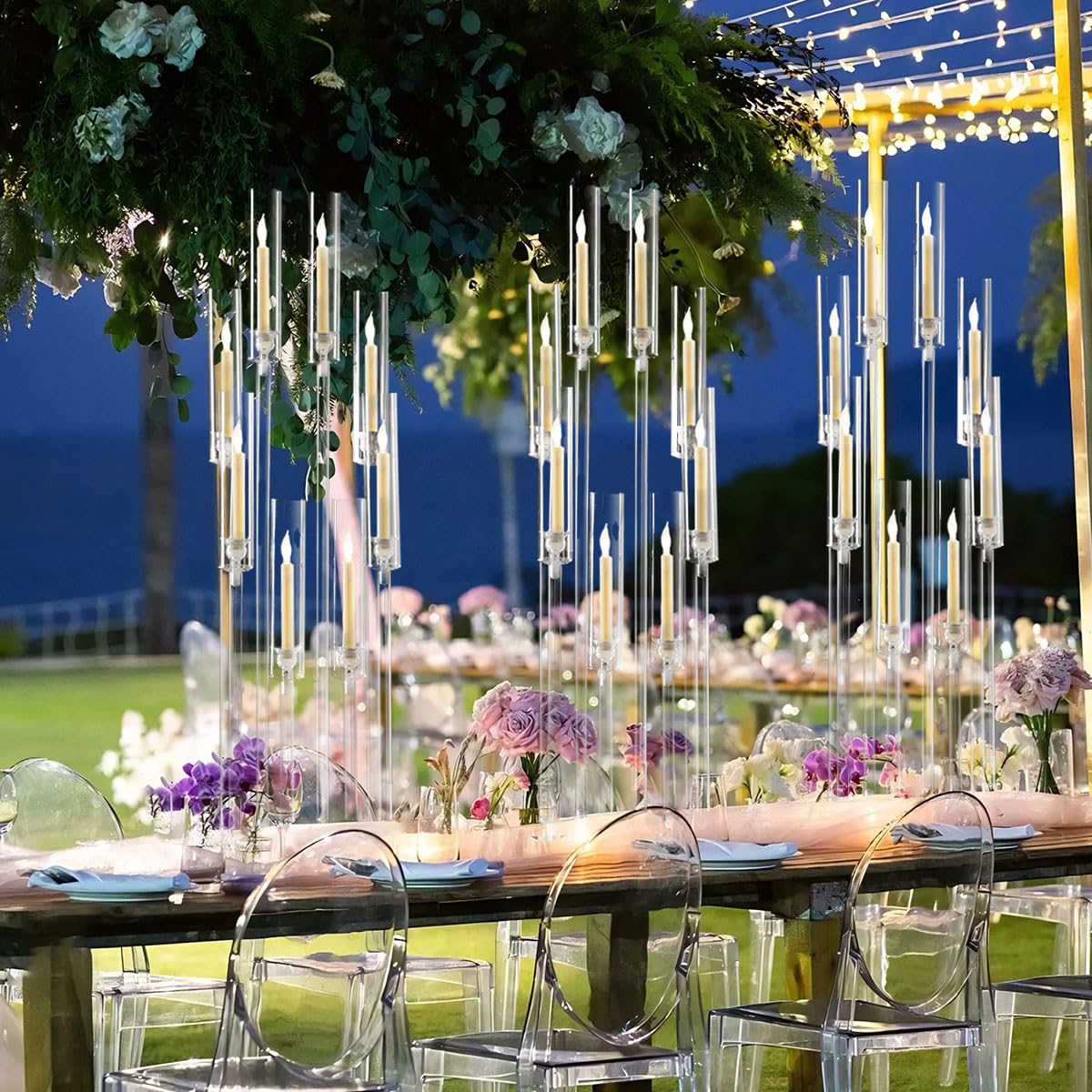 2PCS Acrylic Candelabra Centerpieces,Tall Clear Floor Candelabra for Wedding 8 Arm Candle Holder with Acrylic Shade Circular Base for Party Table Decoration Fit 0.87 LED Candle