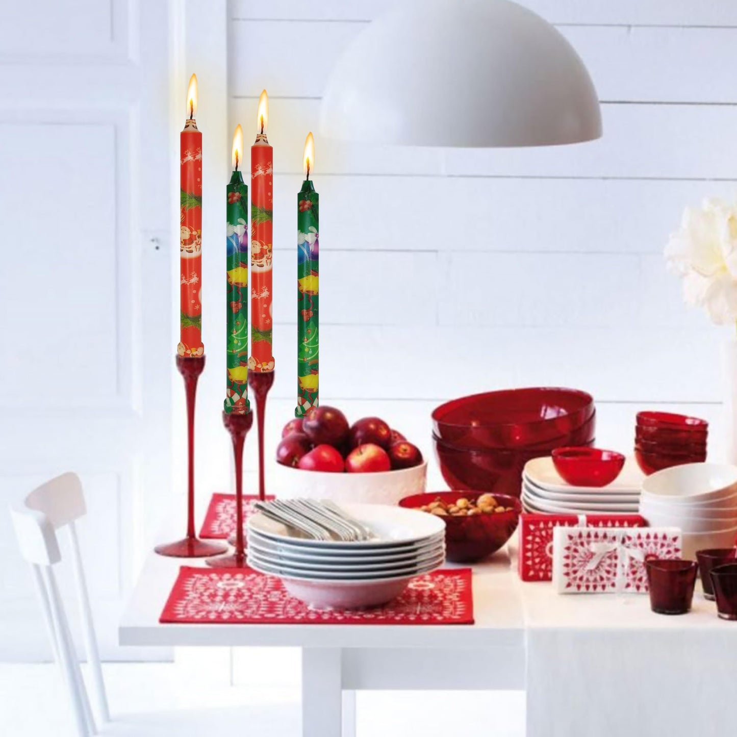 Taper Candles Christmas Printed Candlestick 4 PCS 10 inch Long Taper Candle Unscented Candlesticks Handmade Tapered Candles for Christmas Dinner Household Wedding Party Housewarming Home Décor Candles