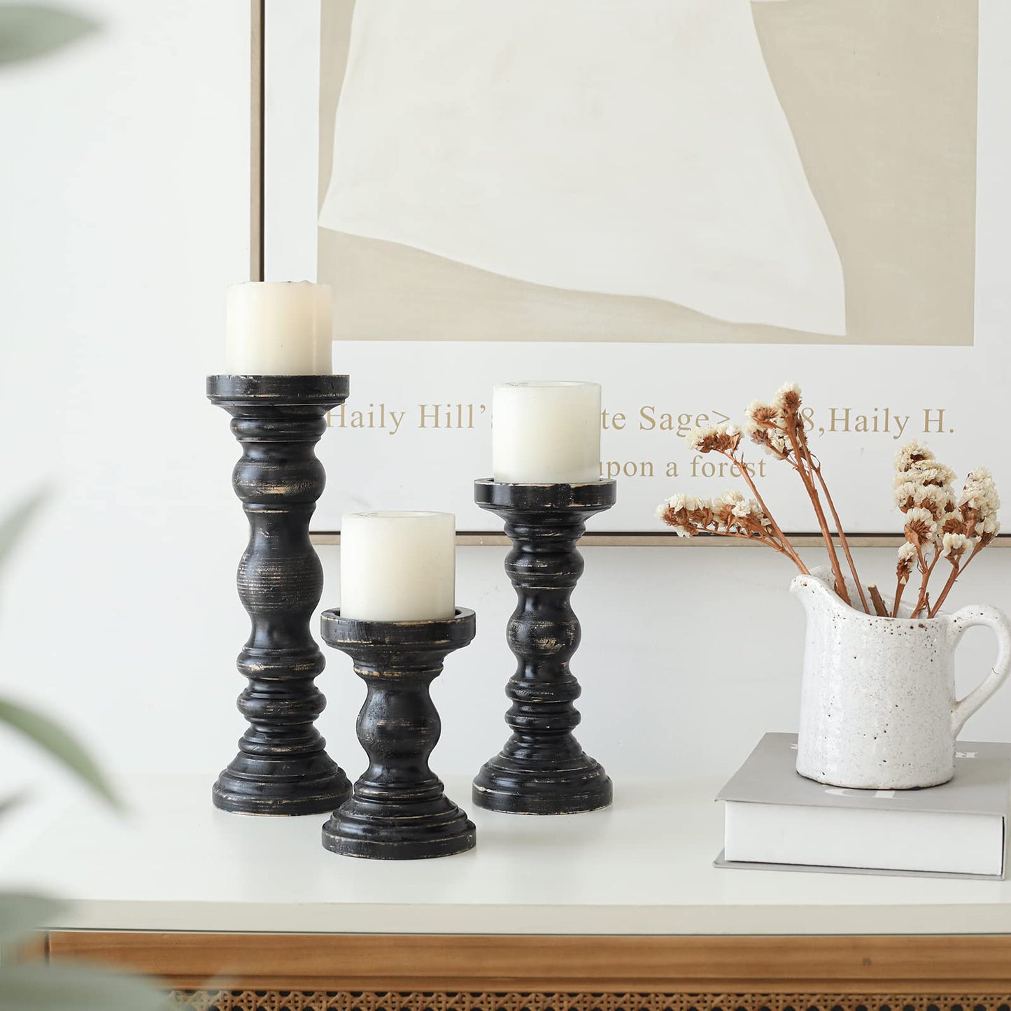 SWALLOWLIVING Rustic Farmhouse Wood Pillar Candle Holder Set of 3 for Candlestick, Black