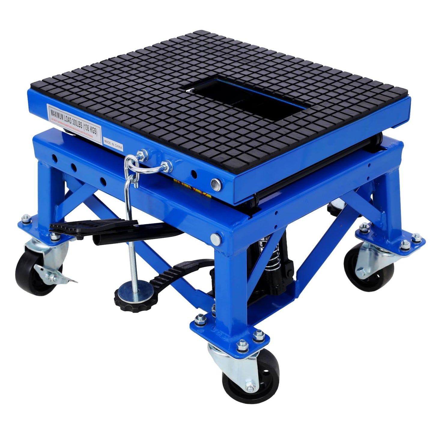 SPOFLYINN 300 Lbs Hydraulic Motorcycle Scissor Jack Lift Foot Step with 4 Wheels Jack Stand Portable Lift Table for Small Dirt Bikes Blue