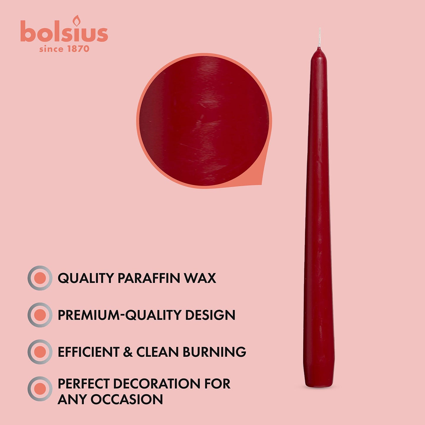 BOLSIUS Dark Red Taper Candles - 4 Pack Unscented 10 Inch Dinner Candle Set - 8 Hours Burn Time - Premium European Quality - Smokeless and Dripless Household Wedding, Spa, and Home Decor Candlesticks