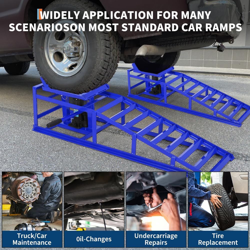 Hydraulic Car Ramps 2 Pack, 11000 Lbs Heavy Duty Steel Car Ramps with Hydraulic Jack, Adjustable Lift Height 9.8"-15", Auto Ramp for Oil Changes, Home Garage, Vehicle Truck Repair, Blue