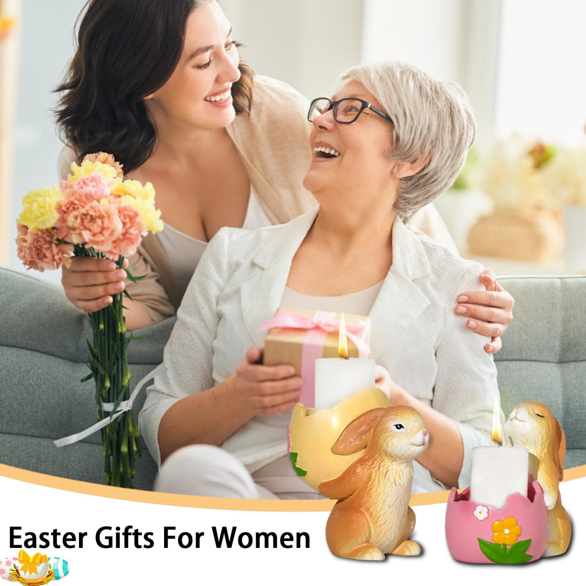 AMOYYT Easter Bunny Decorations Indoor Easter Bunny Figurines 3.5 inch Rabbit Figurines Home Decor 2Pcs Resin Rabbit Candle Holder Table Mantel Spring Decoration for Mom
