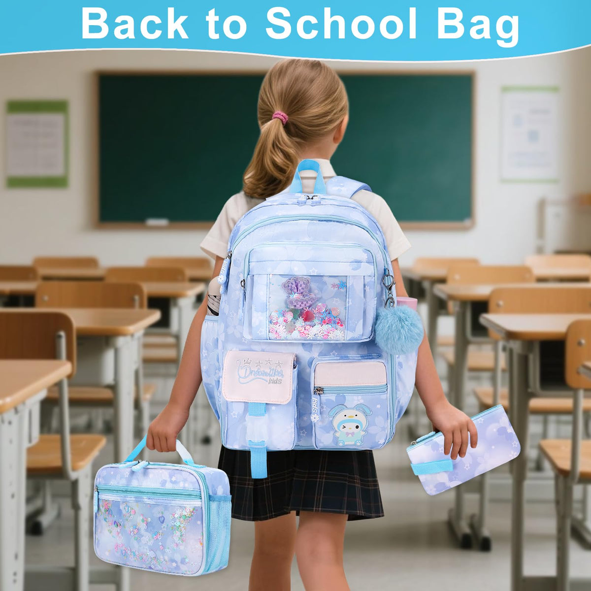 Youngsing Girls Backpack Set 3 IN 1,Cute Rainbow Kids Backpack with Insulated Lunch Box Pen Case Set Student School Bag(Pink-3 pieces set)