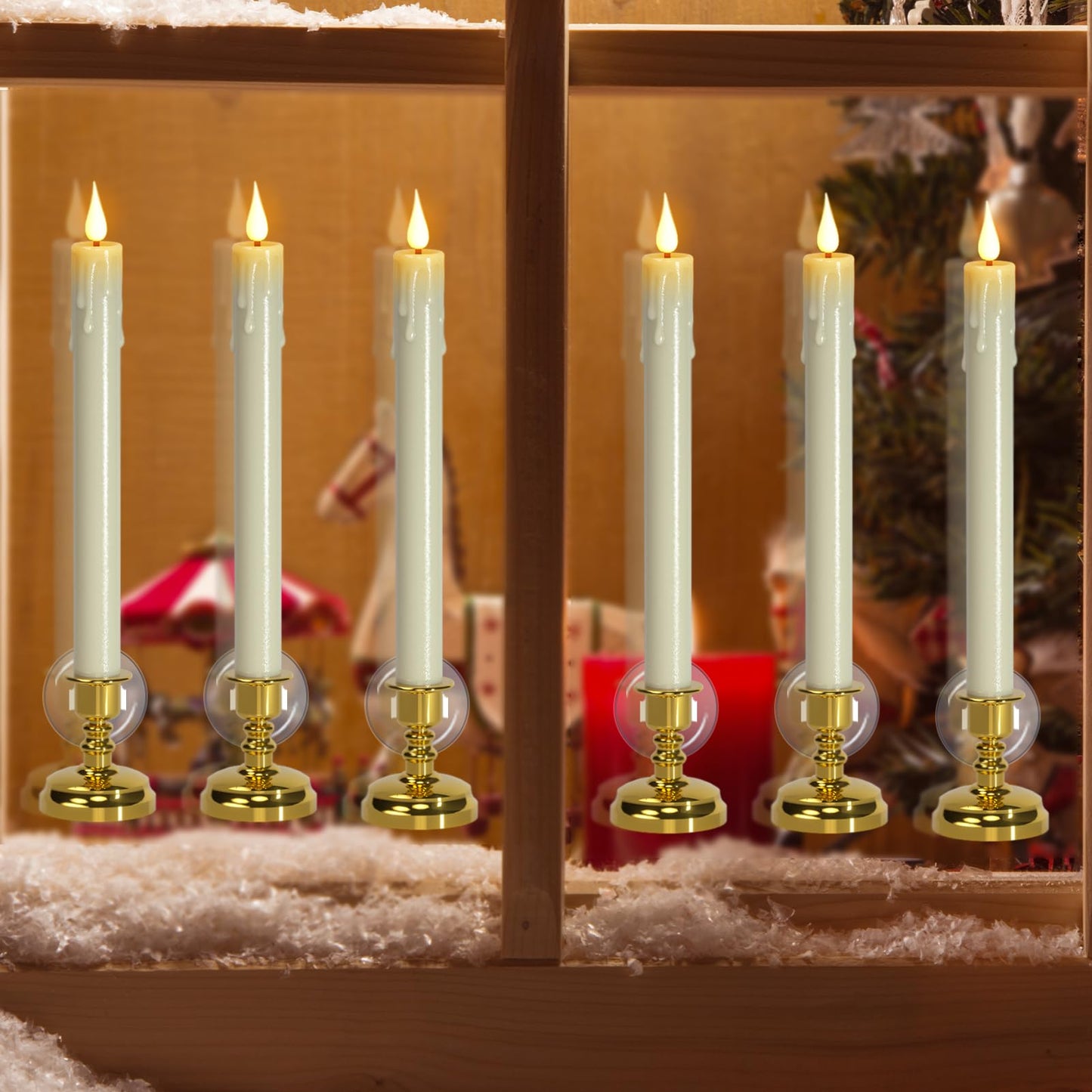 DRomance Christmas Flameless Window Taper Candles Battery Operated with Remote and Timer, 6 Pack Ivory Plastic Dripping LED Flickering Candles with Suction Cups Holiday Indoor Decor(Gold Holders)