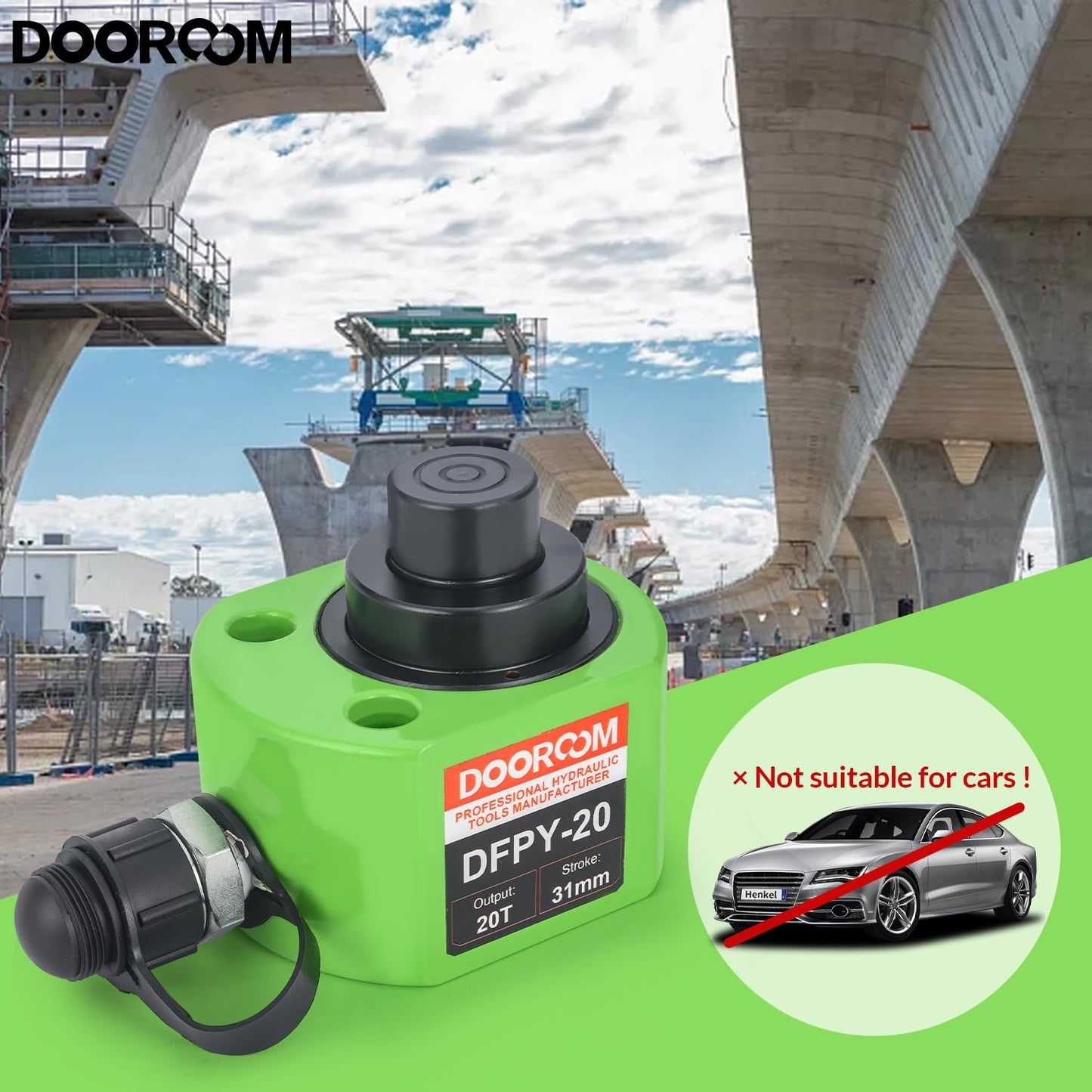 DOOROOM 20T 1.2"/30mm Stroke Portable Hydraulic Cylinder, Low Profile Hydraulic Jack Multi-Section Porta Power Ram Kits, Multi-Acting Lifting Cylinder with CP-180 Manual Hydraulic Pump