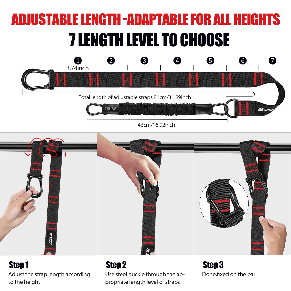Pull Up Assistance Bands 260lbs, Heavy Pull Up Bands Resistance Bands for Pull Ups Working Out with Feet Rest, Pull Up Bar Bands Assistance Bands Strength Training Workout Equipment, Height Adjustable
