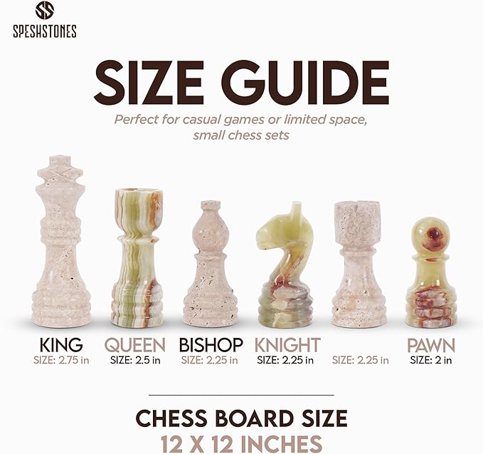 Marble Chess Set 12 Inch Handmade Travertine and Green Board Games for Adults with Storage Box Classic Table Chess Board with Pieces & 2 Extra Queens Gifts & Home Décor