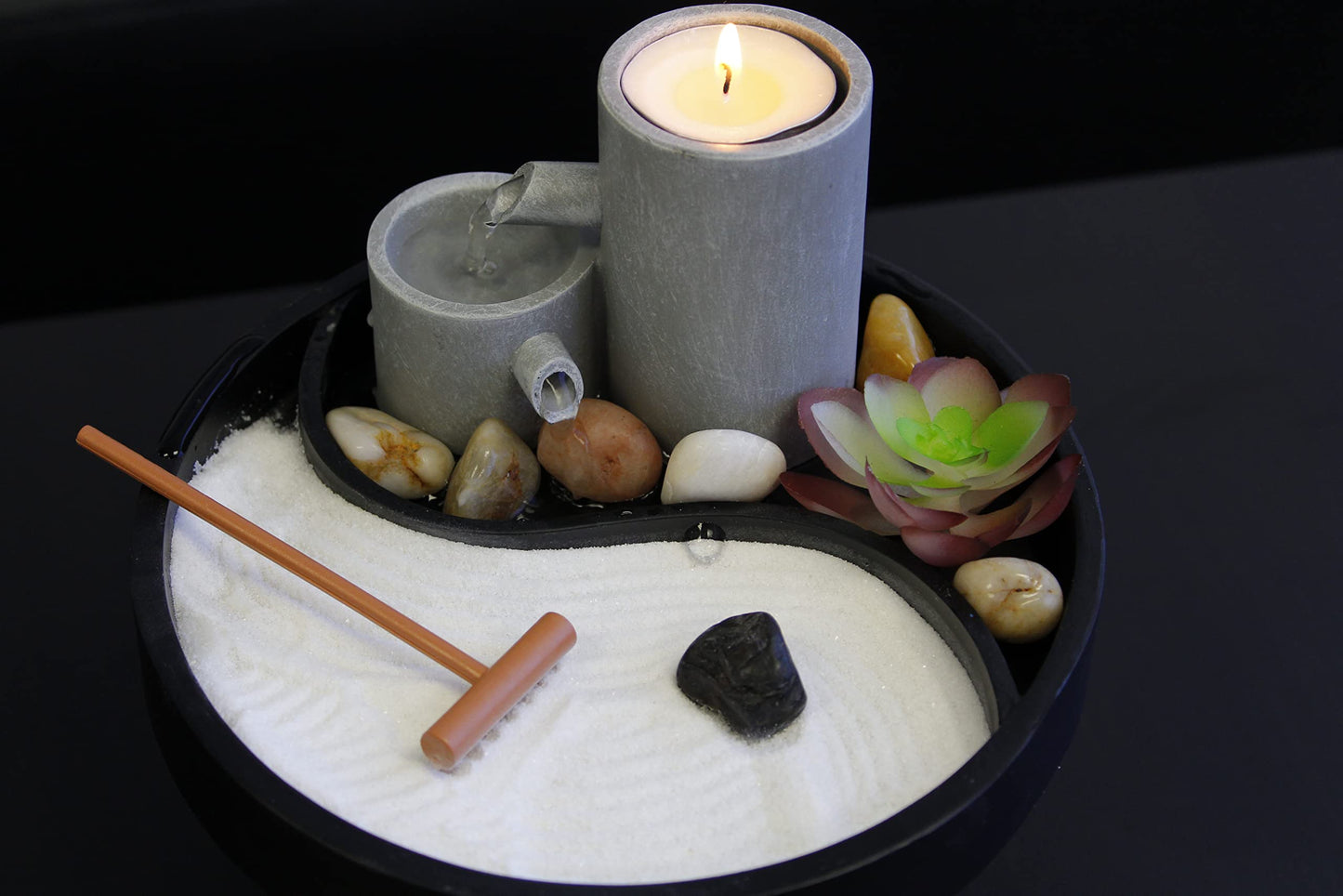 Nature’s Mark Relaxation Indoor Tabletop Water Fountain Zen Garden Combo Décor with Tealight Candle Holder, Succulents, and Accessories (6”H x 7”D) (Candle Not Included)