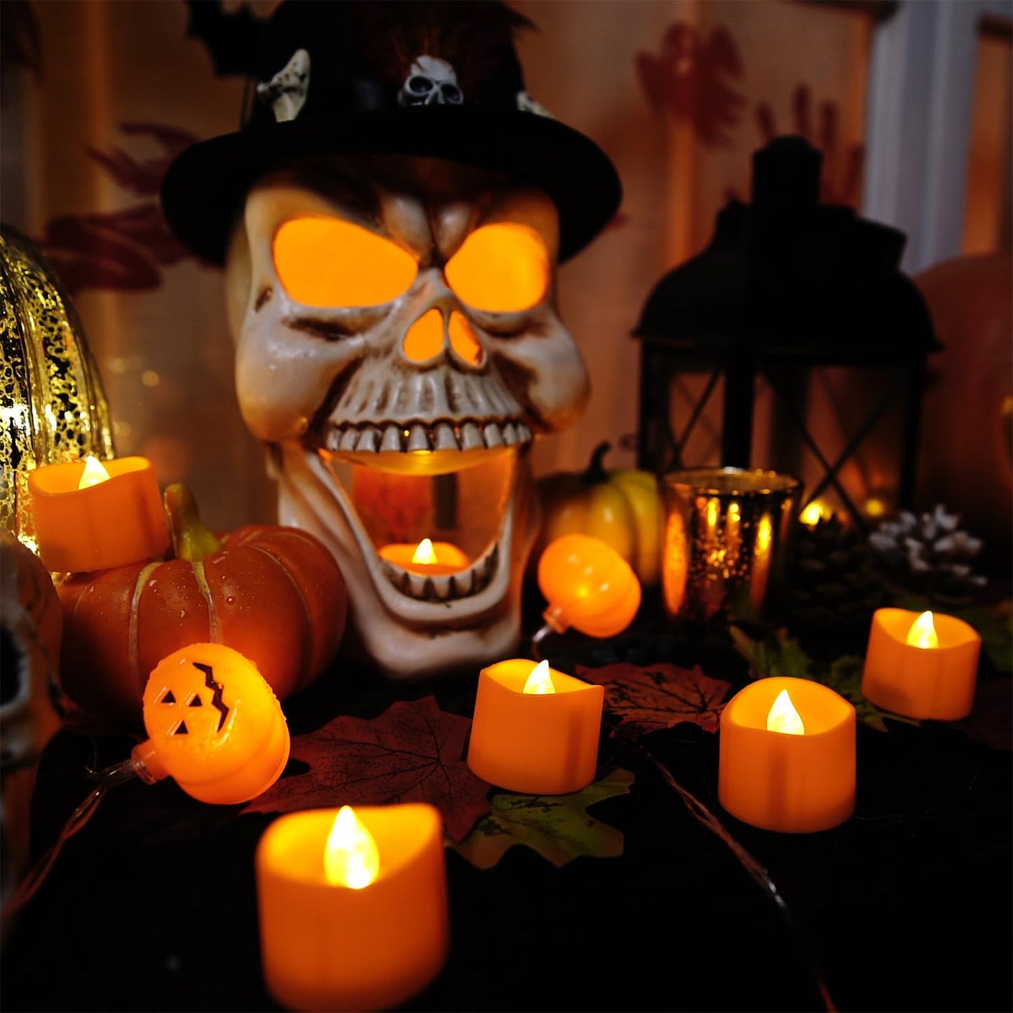 Homemory Halloween 24 Pack Orange Tea Light Candles, Battery Operated LED Tealights, Small Pumpkins Lights, Flameless, Electric Fake Tea Candles for Fall, Diwali Decorations