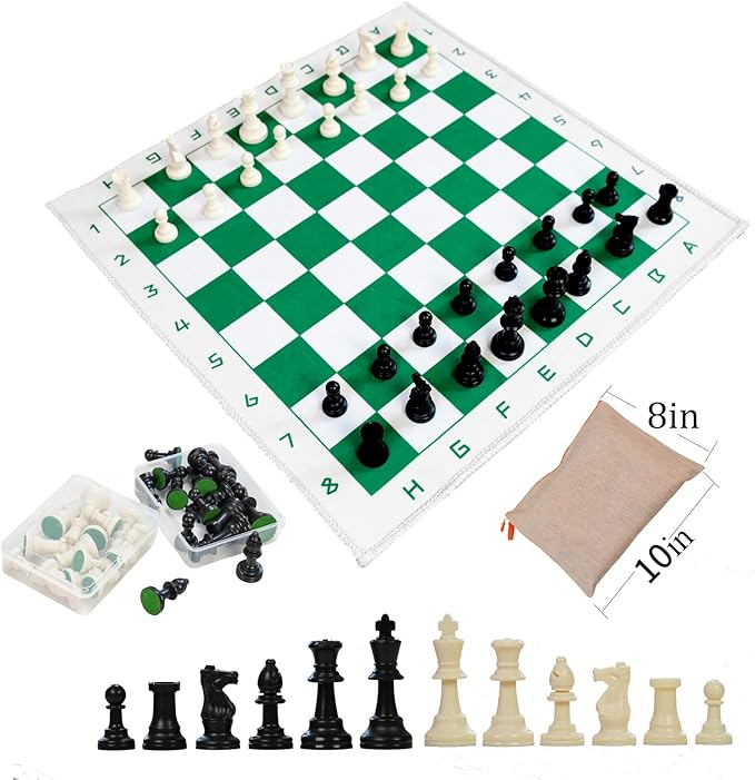 Chess Set with Green & White 19.7x19.7 Foldable Board 3 Non-Weighted Standard Pieces Portable Travel Chess Game for Kids & Beginners Classic Strategy Set with Storage Bag