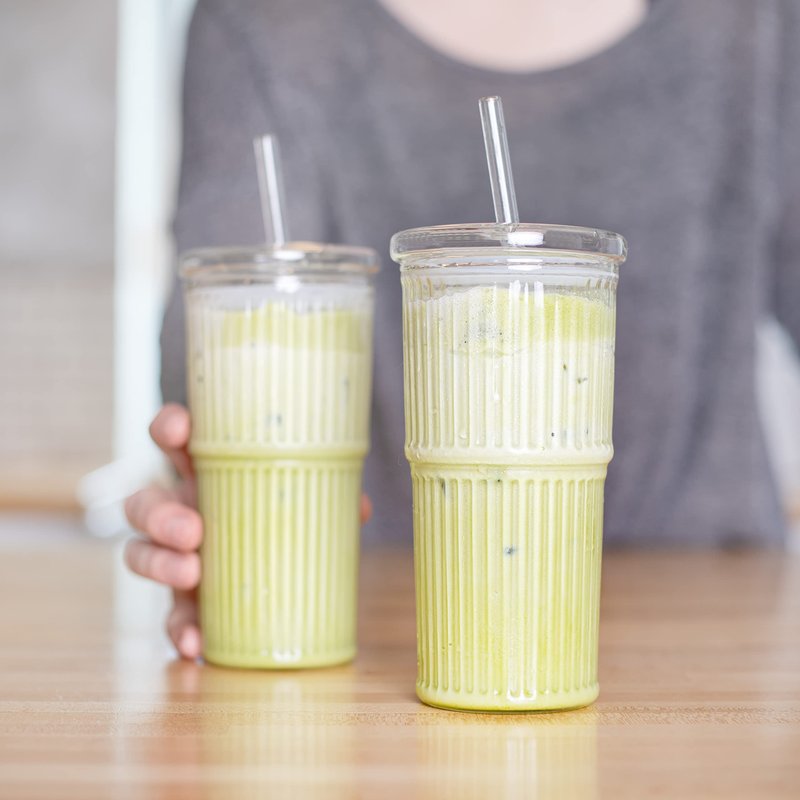 Birchland All Glass Iced Coffee Cup with Lid and Straw, Ribbed Glass Tumbler Set of 2 (22 oz ribbed)
