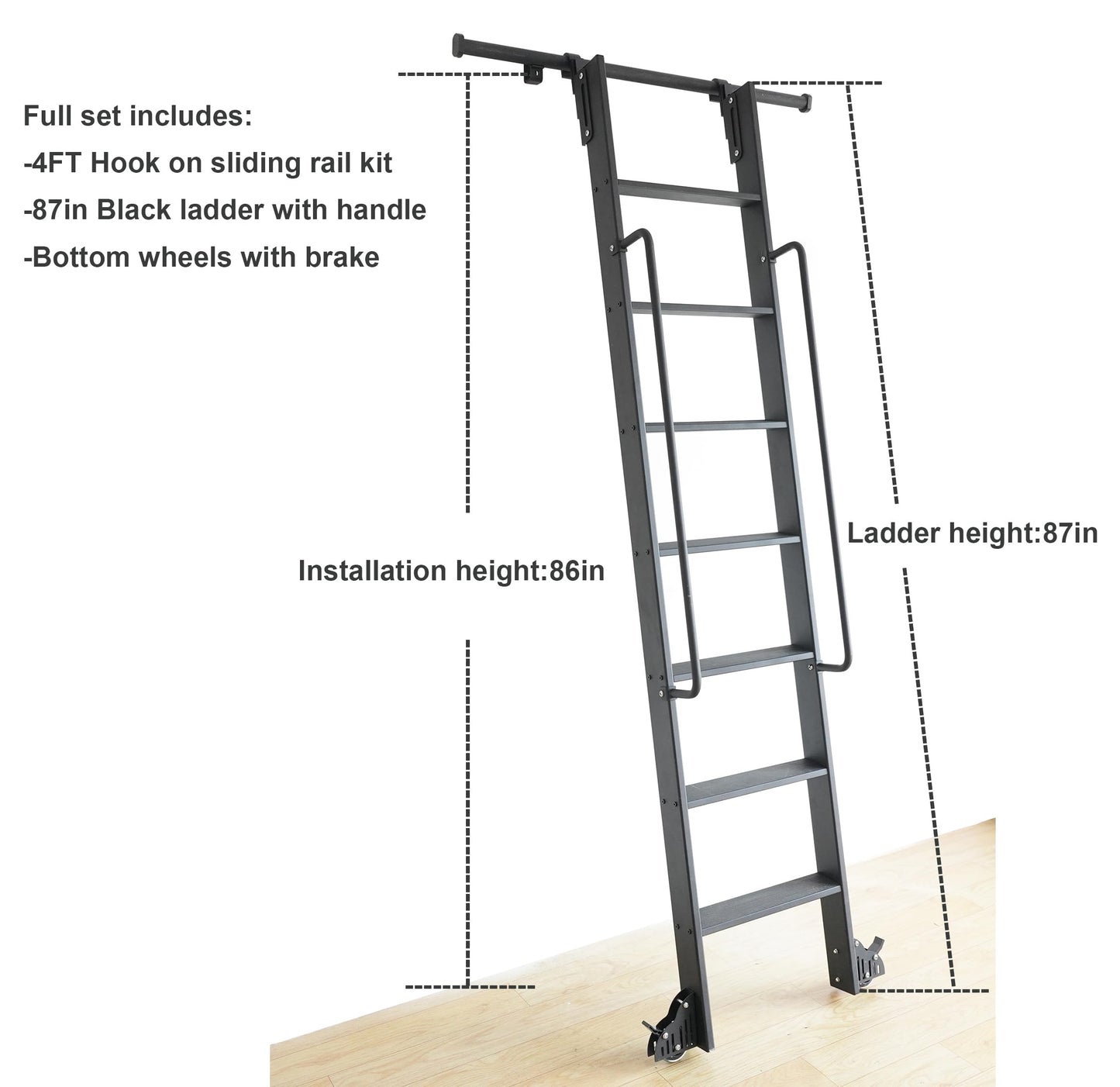 HARDJULAN 87" Telescopic Sliding Library Ladder with Handrail – Lightweight Aluminum Rolling Ladder with Braking Wheels, 4FT Hook Ladder Track Kit for Home, Loft, and Bookshelves