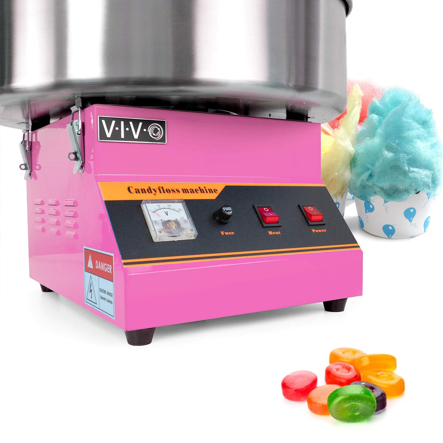 VIVO Pink 1030W Electric Cotton Candy Maker, Commercial Candy Floss Machine with 20 inch Stainless Steel Bowl, Includes Bubble Shield Cover and Sugar Scoop, Easy Home Use, CANDY-KIT-1