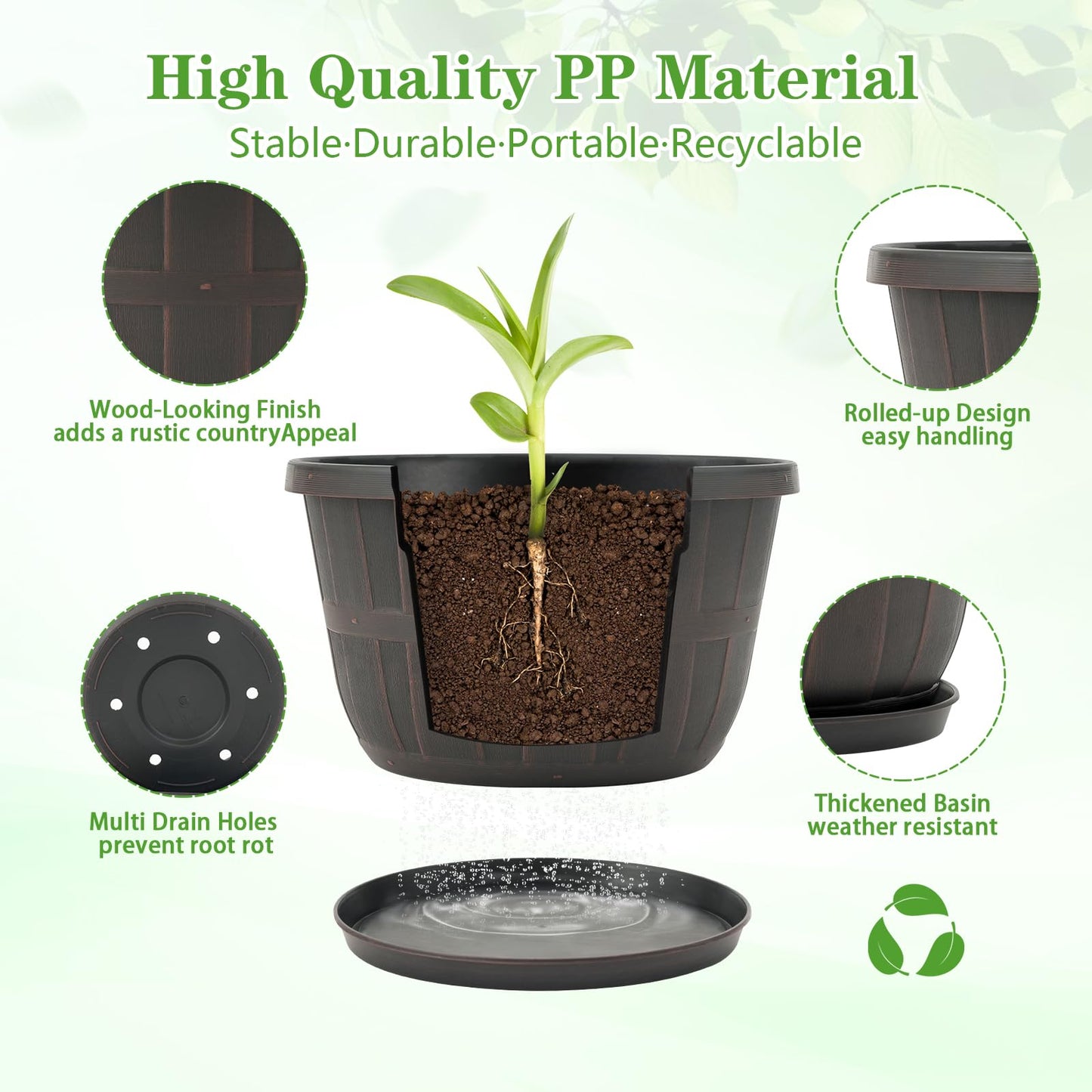 Quarut 10 inch Plastic Flower Pots for Outdoor Plants,4 Pack Large Outdoor Planter Pot with Drainage Holes & Saucers,Imitation Wine Barrel Design,for Indoor Outdoor Garden Plants(Brown)
