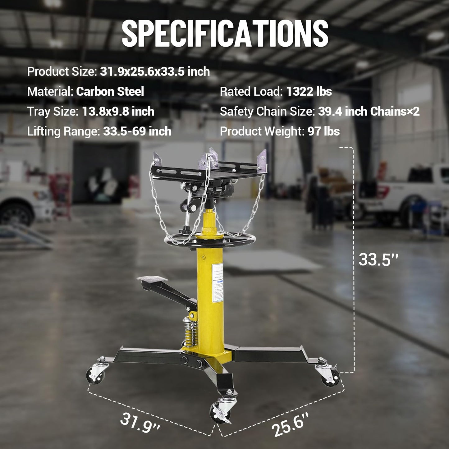 1322LBS Capacity 2-Plunger Fast Lift Transmission Jack with 33.5-69in Lifting Height - 2-Stage Hydraulic Telescopic Jack with Foot Pedal and 360° Swivel Wheel