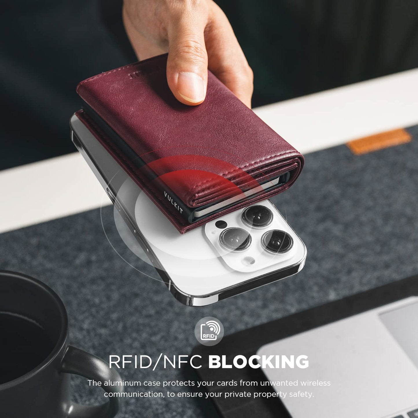 VULKIT Pop up Card Wallet Minimalist Cash Wallets RFID Blocking Leather Smart Credit Card Holder with ID window for Men(Wine)