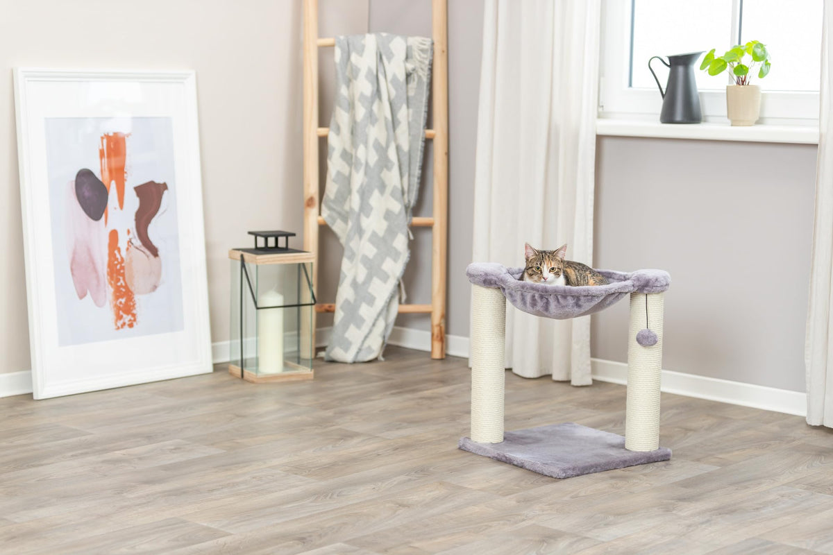 TRIXIE Baza Cat Scratching Post 19,7 Inch - with Durable Sisal Rope and with Fluffy Hammock and Dangling Cat Toy - in Gray