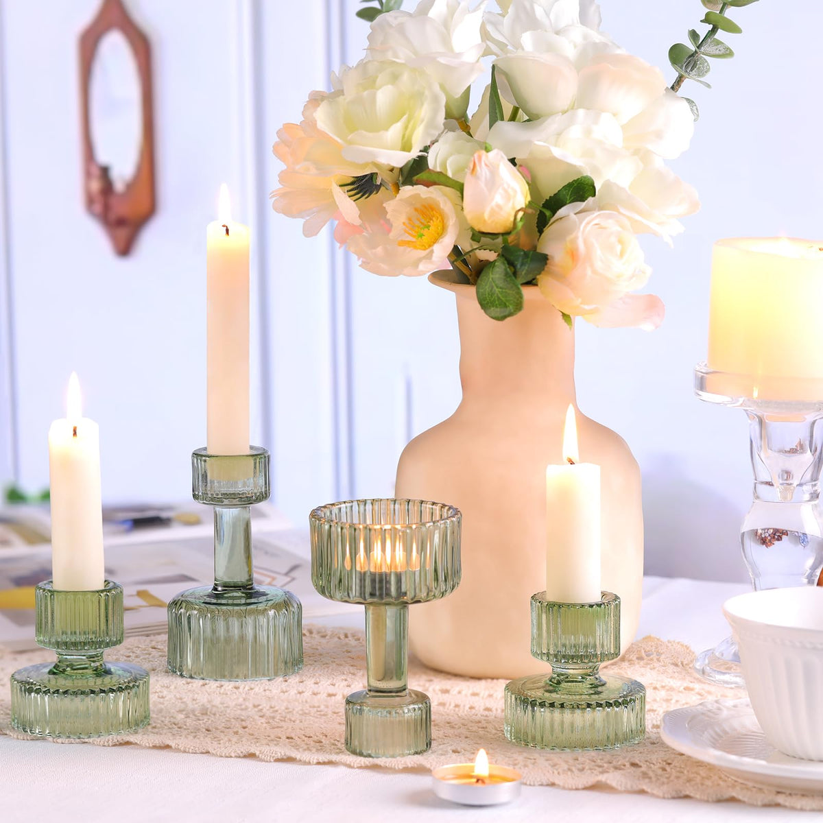 Lanttu Green Glass Taper Candle Holders Set of 6 Candlestick Holders Bulk Combination Candle Holders Crystal Candle Holders for Wedding, Table Centerpiece, Home Decoration