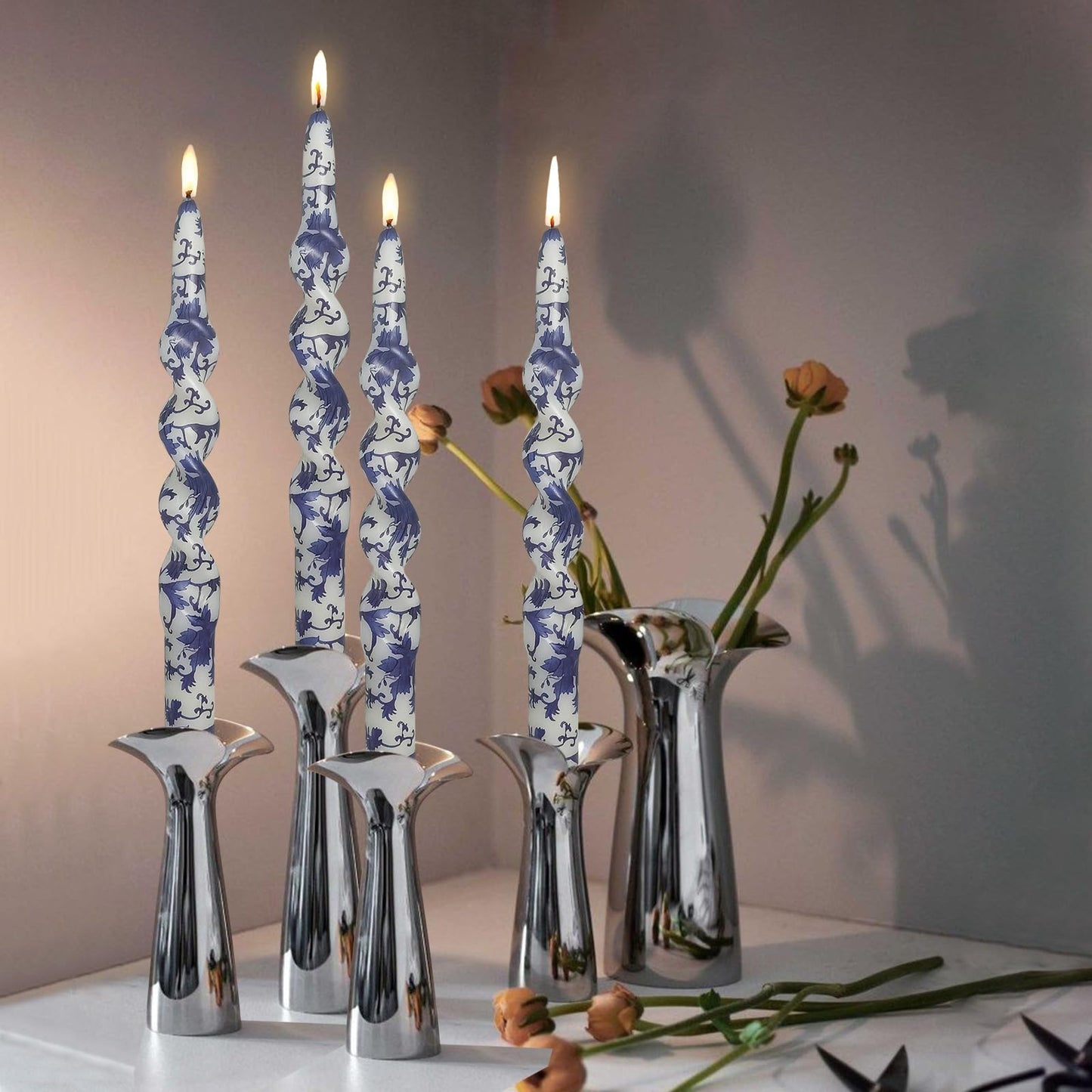 Unscented Floral Taper Candle Spiral Candlesticks Blue and White Printed Twisted Candle Handmade 10 Inch Long Candle Sticks for Home Dinner Gifts,4Pcs