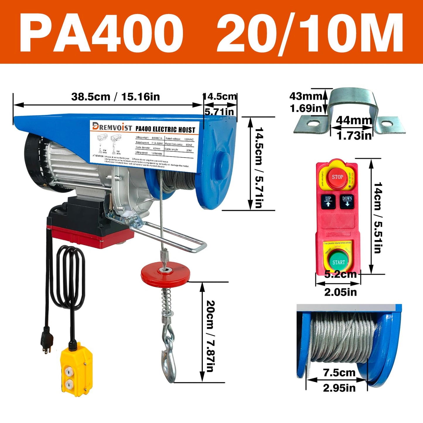 Dremvoist 880lbs Lift Electric Hoist,Wireless/Wired 2 in 1,110v Electric Hoist Winch,Electric Hoist with Remote Control,with 33/66FT Lifting Height,for Garage,Factories,Warehouses,Construction Site