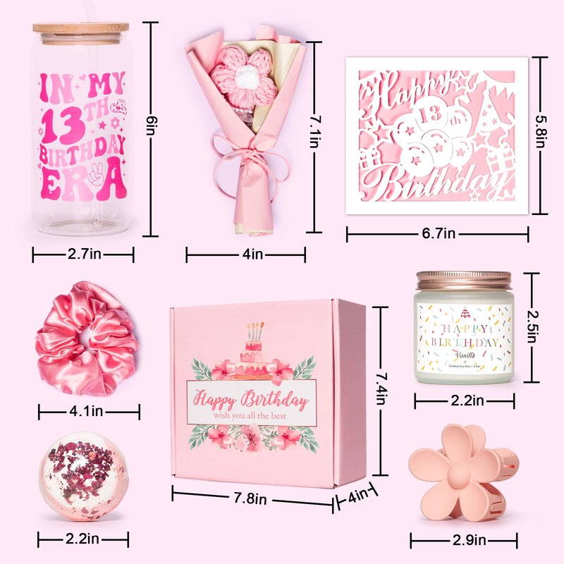XGFYYMM 13th Birthday Gifts for Girls, 13 Year Old Gift Ideas for Official Teenager Girl, 7Pcs Happy 13th Birthday Basket Decorations Teen Trendy Stuff, Pink Presents Box for Her, Daughter, Niece